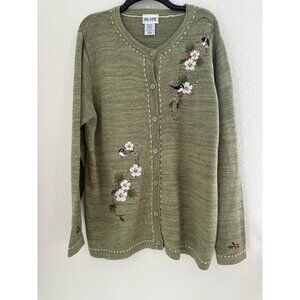 Vtg Blair Knit‎ Cardigan Sweater XL Embroidery Birds Flowers 80s Easter Granny